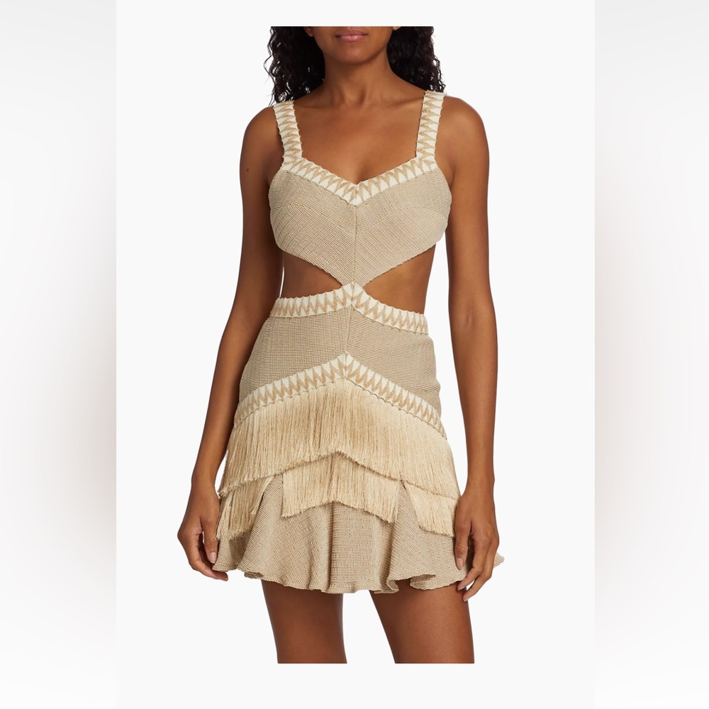 PatBO Cream Fringe Cutout Mini Dress